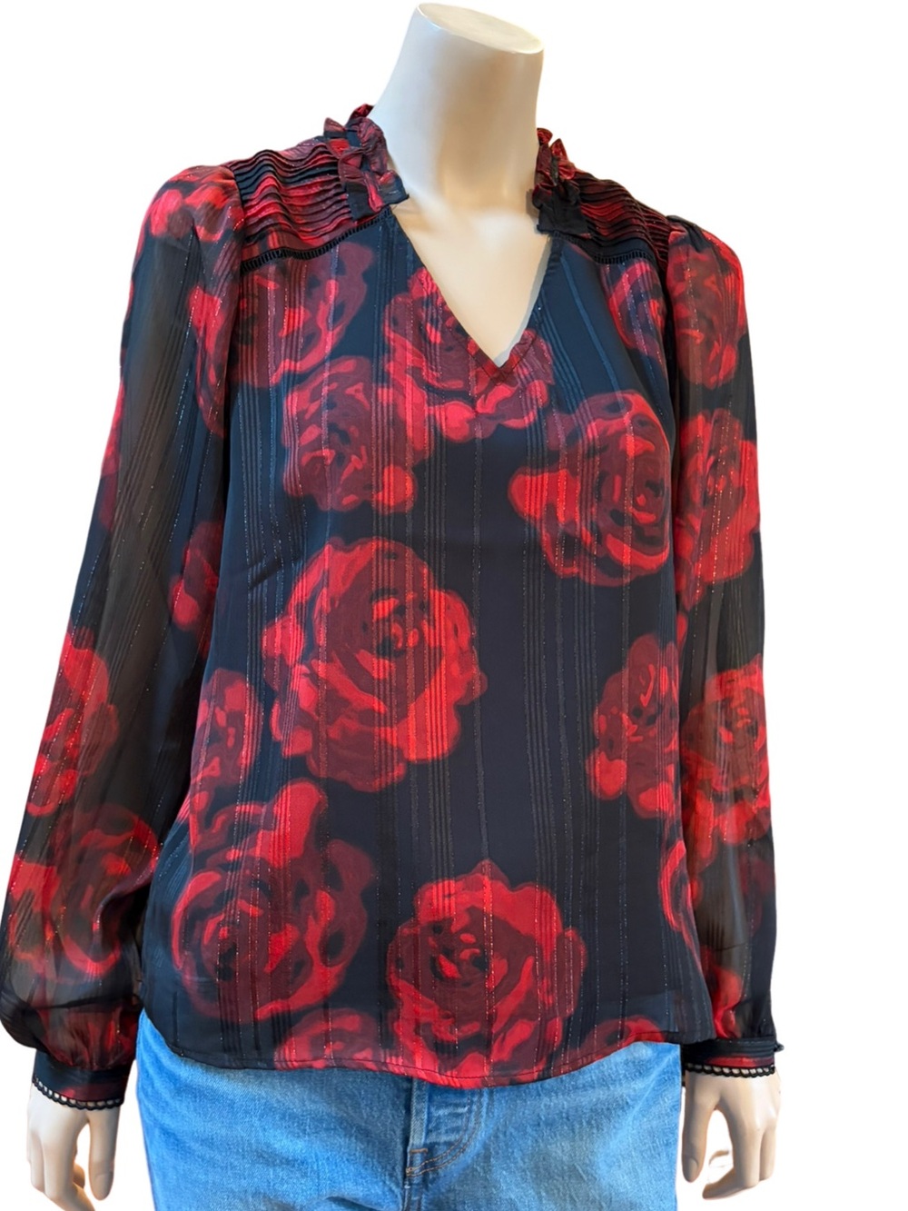 New Nanette Lepore Black Red Rose Sheer Sleeve Lined Blouse Top M